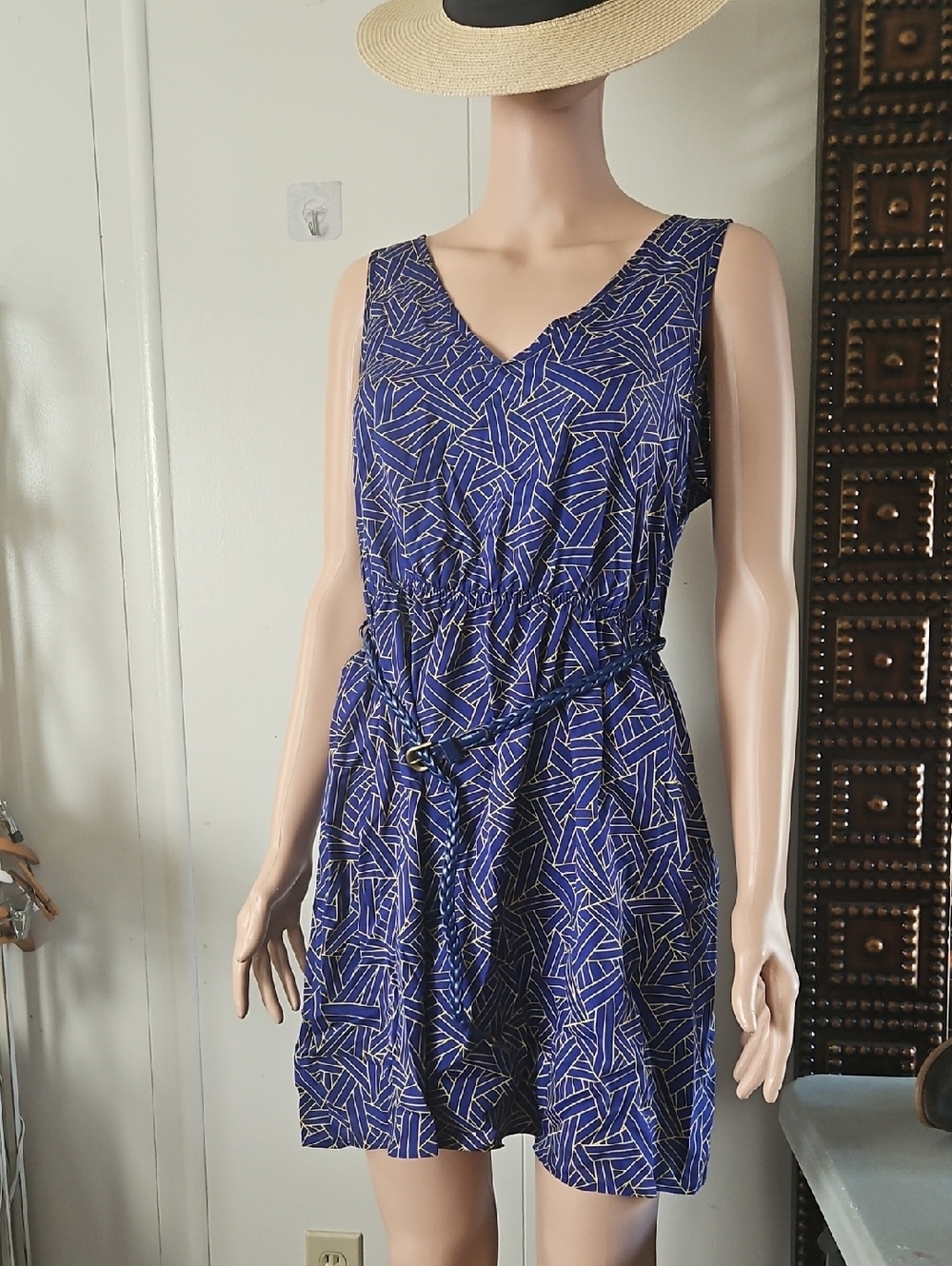 Love in Navy Geometric V-Neck Sleeveless Mini Dress